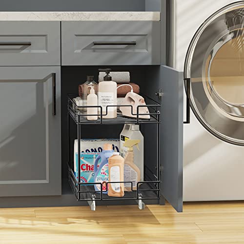 LOVMOR Pull Out Cabinet Organizer and Storage (14" W x 18" D) 2-Tier Pull Out Shelf Storage for Kitchen Base Cabinet Black