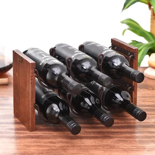 DYT 2 Tier Tabletop Wood Wine Holder Wood Wine Rack Counter Wine Holder for 6 Bottles,Freestanding Wine Storage for Kitchen Home Bar Storage and Kitchen Decor,Brown