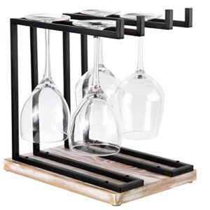 mygift industrial metal tabletop wine glass holder stand with 2 hanger bars and shabby white washed wood base – countertop stemware drinking glasses hanging rack