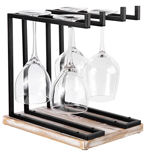 MyGift Industrial Metal Tabletop Wine Glass Holder Stand with 2 Hanger Bars and Shabby White Washed Wood Base - Countertop Stemware Drinking Glasses Hanging Rack
