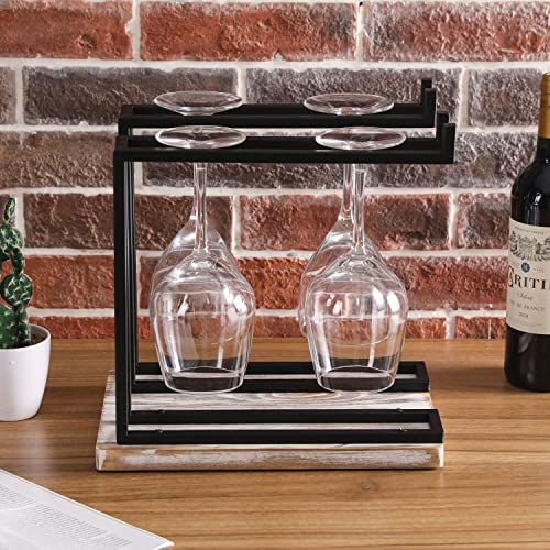 MyGift Industrial Metal Tabletop Wine Glass Holder Stand with 2 Hanger Bars and Shabby White Washed Wood Base - Countertop Stemware Drinking Glasses Hanging Rack