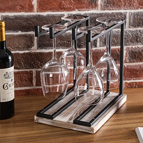 MyGift Industrial Metal Tabletop Wine Glass Holder Stand with 2 Hanger Bars and Shabby White Washed Wood Base - Countertop Stemware Drinking Glasses Hanging Rack