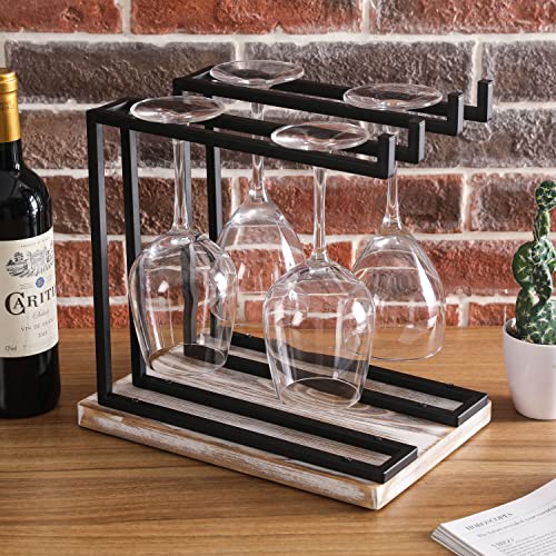 MyGift Industrial Metal Tabletop Wine Glass Holder Stand with 2 Hanger Bars and Shabby White Washed Wood Base - Countertop Stemware Drinking Glasses Hanging Rack