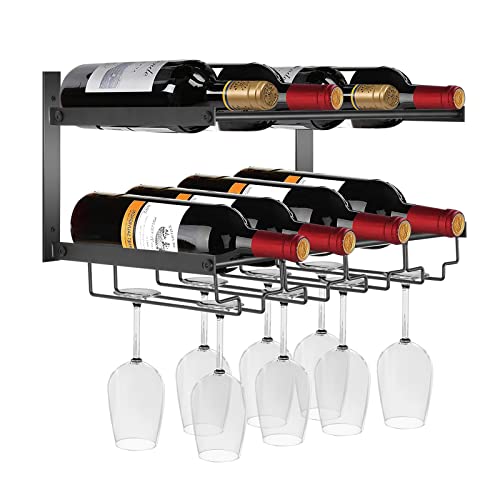 Wine Rack Wall Mounted, Wall Wine Rack with Wine Glasses Rack Horizontal Wine Storage Floating Rack Holds 8 Stemware & 8 Wine Bottles, Sturdy Wall Wine Holder for Kitchen Dining Room Bar Decoration