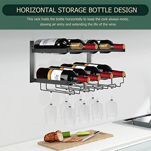 Wine Rack Wall Mounted, Wall Wine Rack with Wine Glasses Rack Horizontal Wine Storage Floating Rack Holds 8 Stemware & 8 Wine Bottles, Sturdy Wall Wine Holder for Kitchen Dining Room Bar Decoration