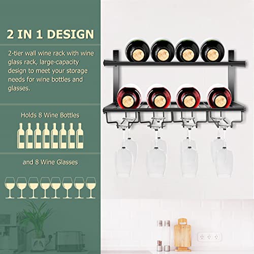 Wine Rack Wall Mounted, Wall Wine Rack with Wine Glasses Rack Horizontal Wine Storage Floating Rack Holds 8 Stemware & 8 Wine Bottles, Sturdy Wall Wine Holder for Kitchen Dining Room Bar Decoration