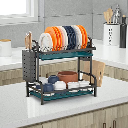 junyuan Dish Drying Rack with Drainboard, 2 Tier Dish Rack with Knife Holder, Utensils Holder,Cutting Board Holder, Dish Drainer for Kitchen Countertop