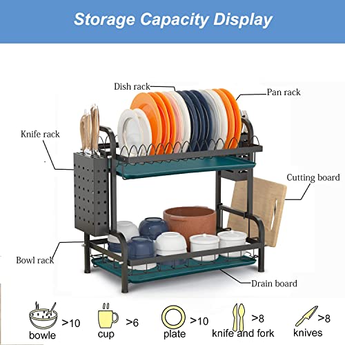 junyuan Dish Drying Rack with Drainboard, 2 Tier Dish Rack with Knife Holder, Utensils Holder,Cutting Board Holder, Dish Drainer for Kitchen Countertop