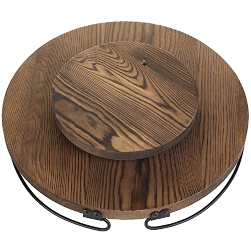 MyGift Rustic Burnt Solid Wood Round Lazy Susan Tray Turntable Serving Tray with Black Metal Wire Rim, Dining Table Condiment Tray