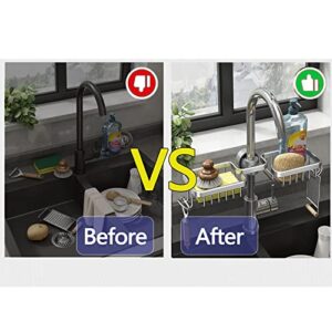 SIMCAS 2023 NeverRust Faucet Sponge Holder Kitchen Sink Caddy, Detachable Faucet Rack Drain Shelf for Sponge, Brush, Soap, Dishcloth, Bathroom Organizer with Hooks, RV & Kitchen Accessories, Aluminum