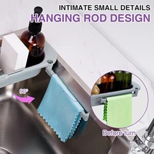 NiHome Telescopic Sink Holder with Sponge, Adjustable Kitchen Sink Organizer Rack Sponge Soap Holder Expandable Storage Drain Basket Sink Organizer Holder Dish Cloth Hanger for Home Kitchen (Grey)