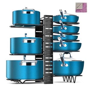 gadhra pots and pans organizer for cabinet, 8 tier pot rack with 3 diy methods, adjustable pot lid holders & pan rack, pot organizer for kitchen organization & storage, cabinet organizer