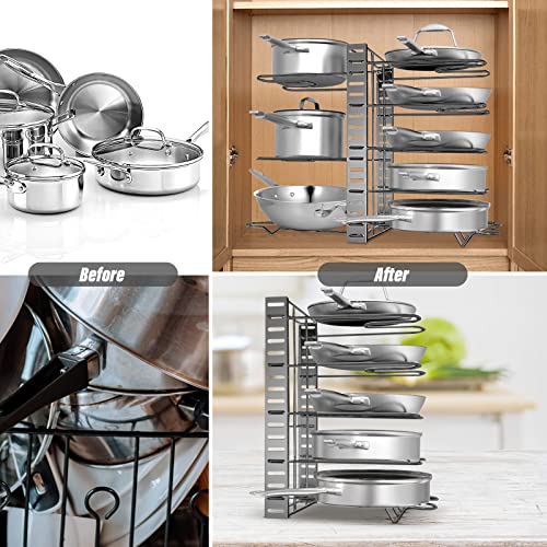 Gadhra Pots and Pans Organizer for Cabinet, 8 Tier Pot Rack with 3 DIY Methods, Adjustable Pot Lid Holders & Pan Rack, Pot Organizer for Kitchen Organization & Storage, Cabinet Organizer