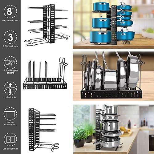 Gadhra Pots and Pans Organizer for Cabinet, 8 Tier Pot Rack with 3 DIY Methods, Adjustable Pot Lid Holders & Pan Rack, Pot Organizer for Kitchen Organization & Storage, Cabinet Organizer