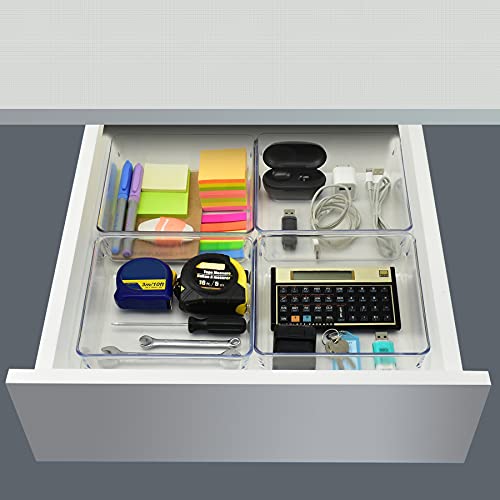 Acrimet Desk Drawer Organizer Box Tray Storage Bins Modular Divider for Home, Kitchen, Office and Storage (Clear Crystal Plastic) (4 Pack - 6.25" x 6.25" x 2.13")