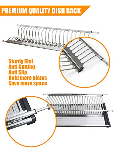 Kitchen Hardware Collection 2 Tier Cabinet Dish Drying Rack Stainless Steel 22.24 Inch Length 20 Dish Slots Kitchen Plate Bowl Utensils Cups Draining Rack Organizer with Drainboard