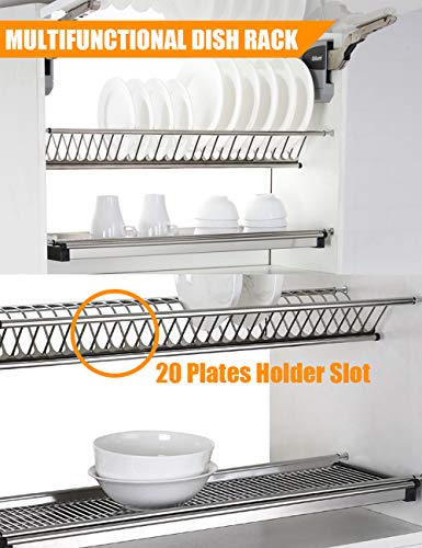 Kitchen Hardware Collection 2 Tier Cabinet Dish Drying Rack Stainless Steel 22.24 Inch Length 20 Dish Slots Kitchen Plate Bowl Utensils Cups Draining Rack Organizer with Drainboard