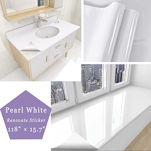 118"X15.7"Contact Paper White Contact Paper for Countertops Glossy White Peel and Stick Wallpaper Decorative Kitchen Cabinets Shelf Drawer Liner Self-Adhesive Watertproof Removable Vinyl Film Paper