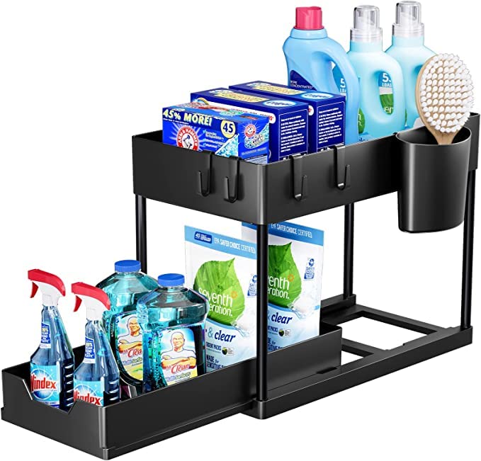 Under Sink Organizer-2 Tier Bathroom Organizer Under Sink Shelf,Under Sliding Sink Organizer,Under Cabinet Organizer Baskets,Multi-purpose Under Sink Shelf Organizer for Bathroom Kitchen（Black）