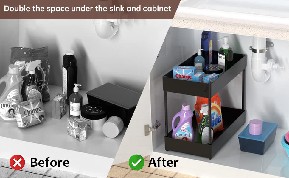 Under Sink Organizer-2 Tier Bathroom Organizer Under Sink Shelf,Under Sliding Sink Organizer,Under Cabinet Organizer Baskets,Multi-purpose Under Sink Shelf Organizer for Bathroom Kitchen（Black）