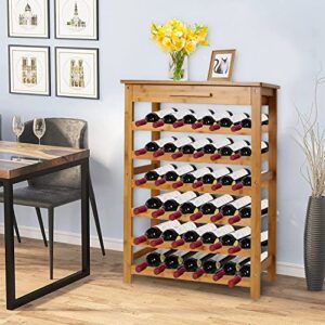 kinbor 6-tier bamboo wine rack with drawer, standing storage rack with 36 bottles holder for bar, wine cellar, basement, cabinet, pantry, kitchen