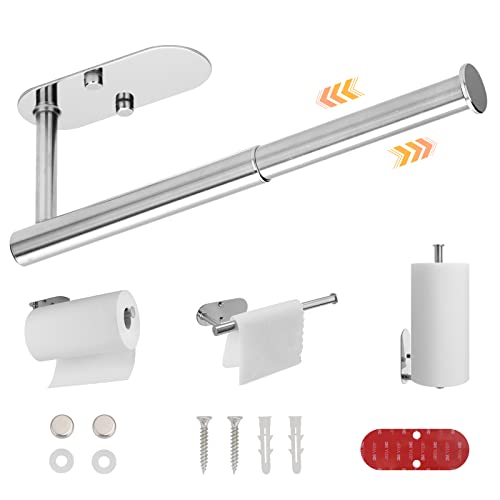 NHZNJK Retractable Paper Towel Holder, Stainless Steel Paper Towel Rack Under Cabinet and Wall Mount, Hand Towel Holder, Paper Towels Rolls for Kitchen,Multipurpose Self Adhesive or Screw Drilling