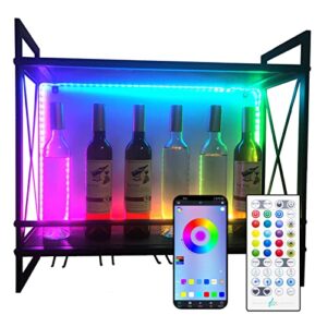 rgb ic led wine racks wall mounted, remote control and 5 stem wine glass holders, 23.6 in industrial metal hanging wine rack, rustic bottle holder glass rack, 2-tiers bar shelves for home, dining room