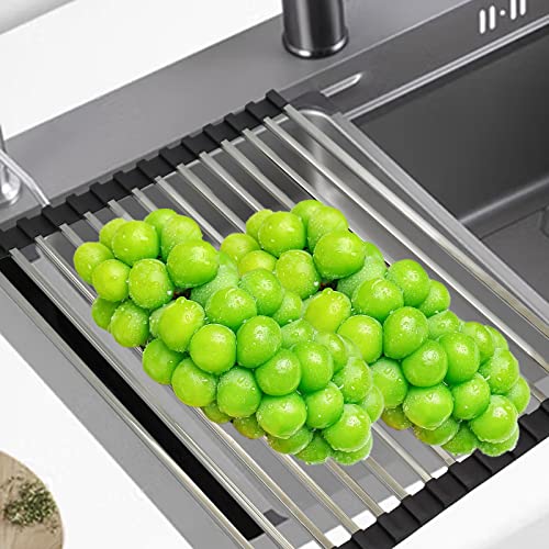 Roll Up Dish Drying Rack Over Sink Over The Sink Dish Drying Rack Kitchen Dish Drainer, Folding Dish Rack for Kitchen Sink Counter Stainless Steel Rectangular Tubing Mat Foldable Dish Dryer Racks