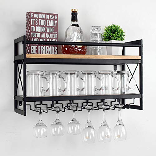 MBQQ Wine Rack Stemware Glass Rack,Industrial 2-Tier Wood Shelf,24in Wall Mounted Wine Racks with 6 Glass Holder for Wine Glasses,Mugs,Home Decor,Black