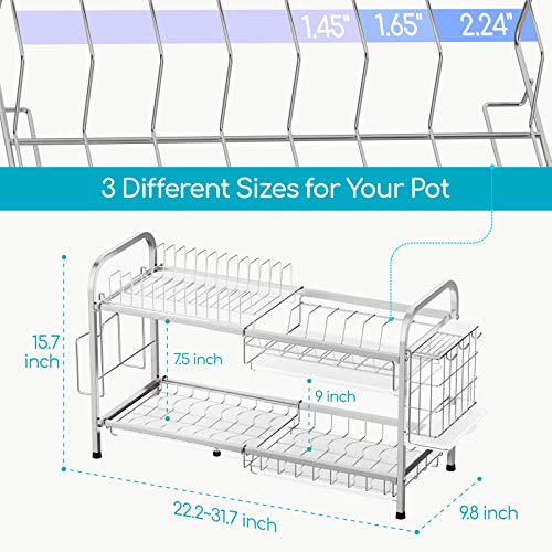 iSPECLE Dish Drying Rack, Expandable 2 Tier Extra Large Dish Rack for Pot and Pan Stainless Steel Pan Rack with Pot Holder Drain Board Utensil Holder for Kitchen Countertop, Silver