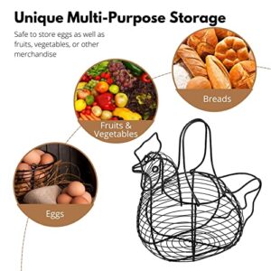 Flexzion Chicken Egg Holder, Small Wire Egg Collecting Basket with Handle for Farm Eggs, Fruits, Vegetables, Metal Wire Chicken Basket Decor for Kitchen, Countertop, Farmhouse Rustic Style, Black