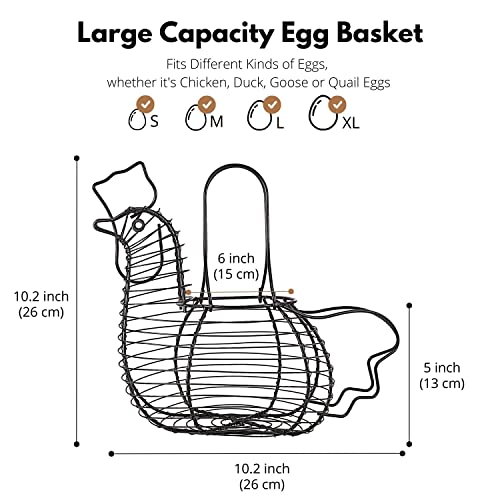 Flexzion Chicken Egg Holder, Small Wire Egg Collecting Basket with Handle for Farm Eggs, Fruits, Vegetables, Metal Wire Chicken Basket Decor for Kitchen, Countertop, Farmhouse Rustic Style, Black