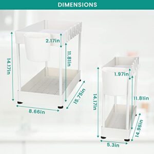 Qucover Under Sink Organizer 2 Pack White, Different Width 2 Tier Bathroom Cabinet Organizers and Storage, Waterproof Rust-proof ABS Plastic Kitchen Sink Organizer with Hanging Cups and Hooks