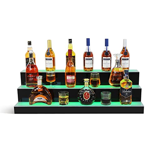 COSVALVE 3 Step Lighted Liquor Bottle Display Shelf, 40 Inch 20 Colors Illuminated Bar Bottle Shelf 3-Tier Commercial Home Bar Bottle Display Acrylic Lighting Shelves with 44-Key Remote Control