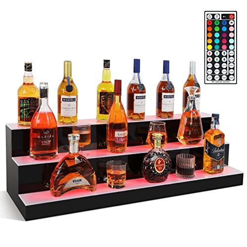 COSVALVE 3 Step Lighted Liquor Bottle Display Shelf, 40 Inch 20 Colors Illuminated Bar Bottle Shelf 3-Tier Commercial Home Bar Bottle Display Acrylic Lighting Shelves with 44-Key Remote Control