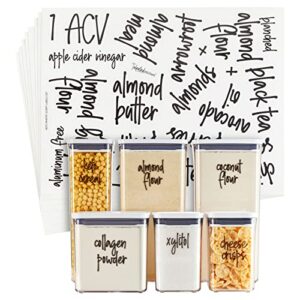 170 keto kitchen pantry labels for food storage containers, removable black script on clear stickers for organizing ingredients (water resistant)