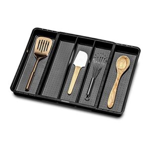 madesmart Expandable Utensil Tray 5 Compartments, Fit Any Drawer, Soft-Grip Lining & Non-Slip Feet, BPA-Free, Large, Carbon