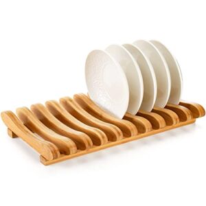 frcctre bamboo dish drying rack, 10 slots bamboo cabinet plate stand dish drainer wooden plate rack pot lid holder kitchen dish plate storage organizer for countertop cabinet