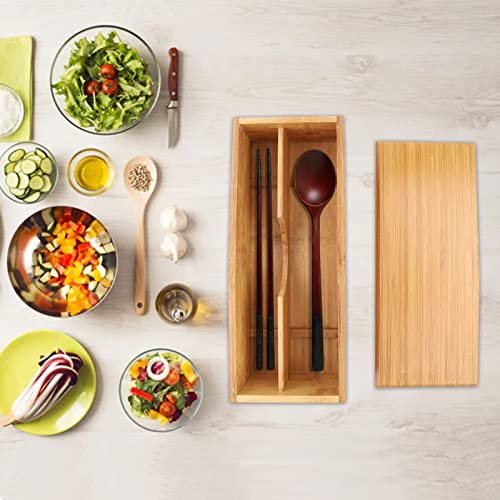 Wooden Cutlery Box with Lid, Small Drawer Organizer Kitchen, Cutlery Organizer in Drawer for Spoon Chopsticks Storage Box Container for Kitchen Countertop Dining Table 27 X 11 X 6.6cm