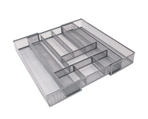 tqvai expandable kitchen drawer organizer, 8+2 compartments mesh silverware utensils holder, adjustable cutlery flatware tray, silver