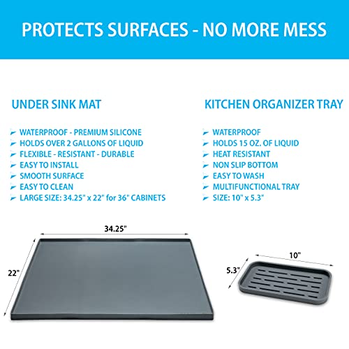 Pacific HKB Mats Under Sink Mat for Kitchen Waterproof - Silicone Under Sink Liner (34.25” x 22”) plus Organizer Tray - Under the Sink Mat for Kitchen Cabinet - Versatile Under Sink Tray - Gray