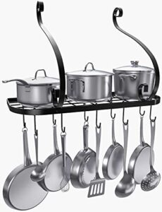vdomus wall mounted pot and pan rack for kitchen, cookware hanging rack with 10 hooks included, hanging pan organizer, black