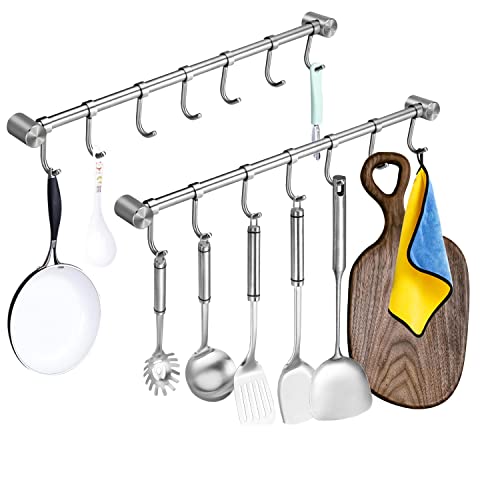 WSTECHCO Pot Pan Hanger Rods 2 PCS, 16 Inch with 7 Sliding Hooks, Kitchen Cookware Utensil Straight Bar, Bathroom Towel Hanging Rails 304 Stainless Steel Rack, for Hanging Coat Bag Umbrella Key Scarf