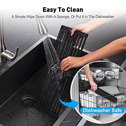 EMBATHER Roll Up Dish Drying Rack Over The Sink, 20.8'' x 18.1'' Dish Drying Rack for Kitchen Counter, Multipurpose Silicone Wrapped Foldable Kitchen Drainer Rack, Anti-Slip, Black