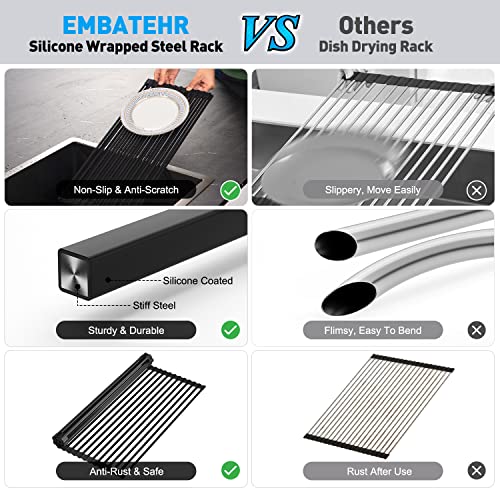 EMBATHER Roll Up Dish Drying Rack Over The Sink, 20.8'' x 18.1'' Dish Drying Rack for Kitchen Counter, Multipurpose Silicone Wrapped Foldable Kitchen Drainer Rack, Anti-Slip, Black