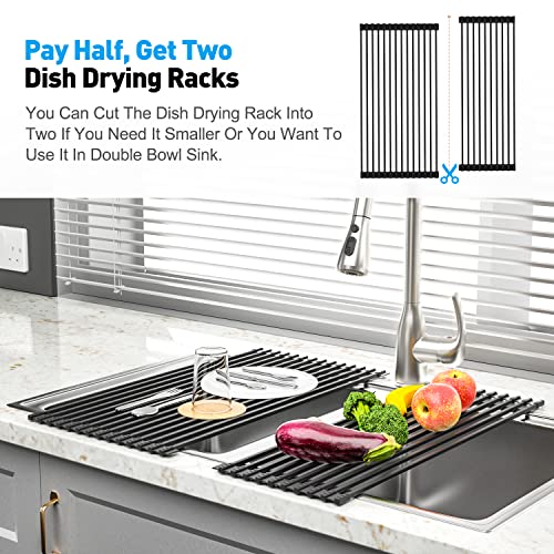 EMBATHER Roll Up Dish Drying Rack Over The Sink, 20.8'' x 18.1'' Dish Drying Rack for Kitchen Counter, Multipurpose Silicone Wrapped Foldable Kitchen Drainer Rack, Anti-Slip, Black