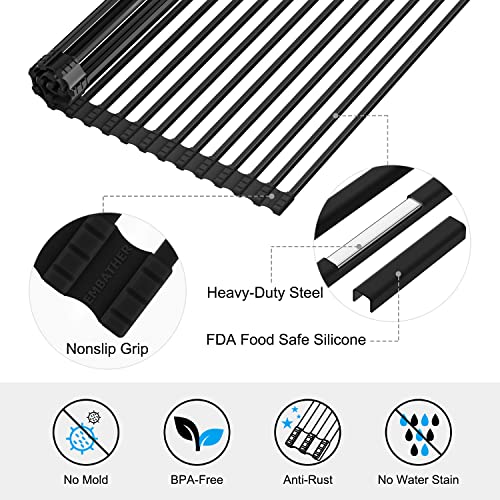 EMBATHER Roll Up Dish Drying Rack Over The Sink, 20.8'' x 18.1'' Dish Drying Rack for Kitchen Counter, Multipurpose Silicone Wrapped Foldable Kitchen Drainer Rack, Anti-Slip, Black