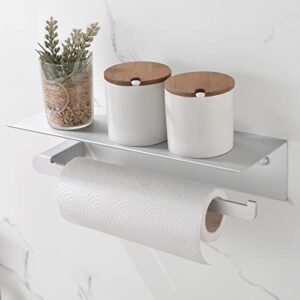 unigant paper towel holder with shelf for kitchen , paper towel holder wall mount for bathroom, self-adhesive anti-rust aluminum, no drill or wall-mounted with screws (sandblasted silver)