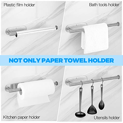 Paper Towel Holder Under Kitchen Cabinet - Self Adhesive or Drilling, SUS304 Stainless Steel Wall Mount Silver Paper Towel Rack for Kitchen, Pantry, Sink, Bathroom