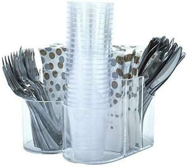 Friwer 5 Compartment Classic Acrylic Napkin Holder with Cutlery Organizer Caddy Bin, For Spoons, Forks, Knives & Cups, Indoor/Outdoor Use